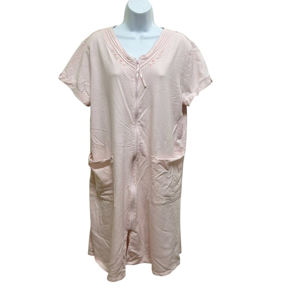 Aria Pink Polka Dot Embroidered Zip Front Pockets House Dress Size L Country